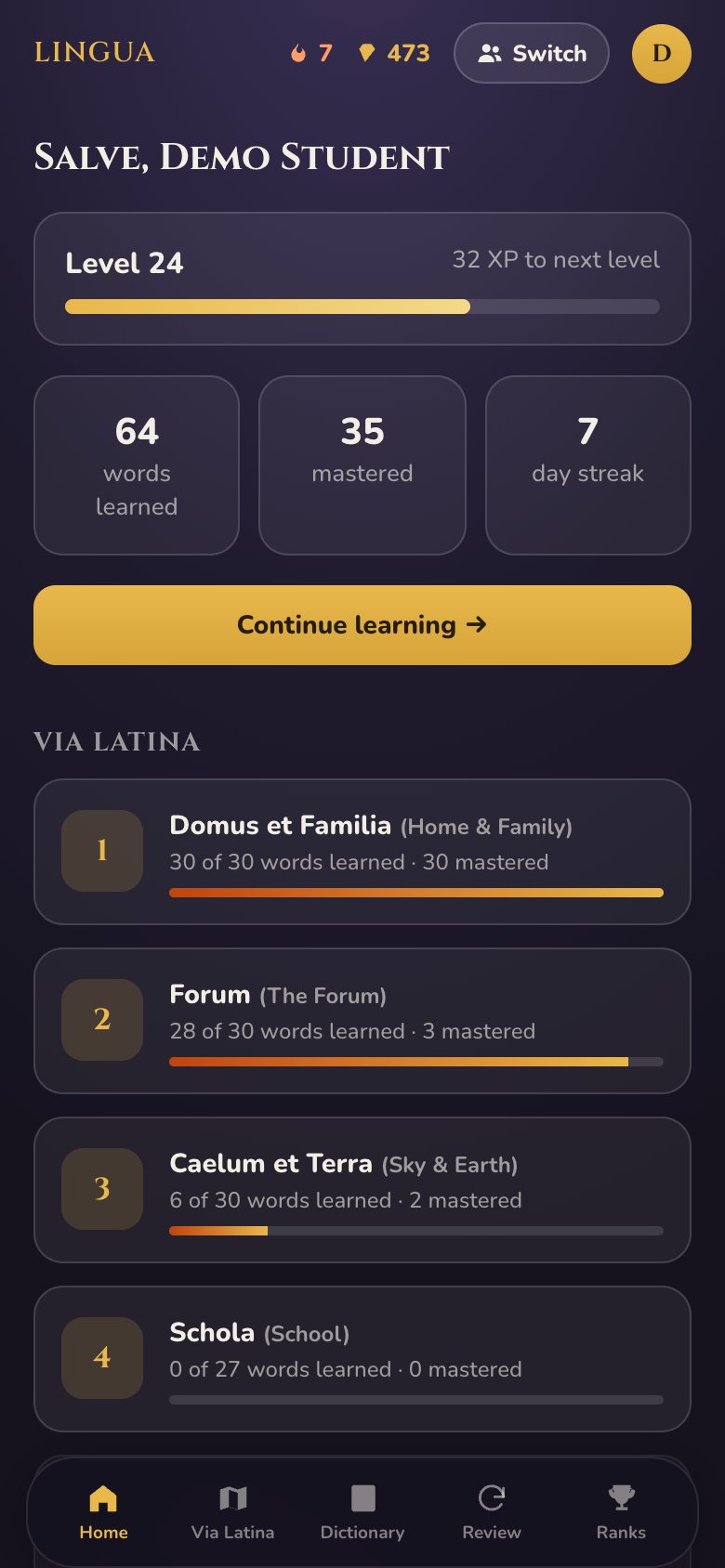 Home screen: level, words learned and mastered, streak, and progress through each chapter