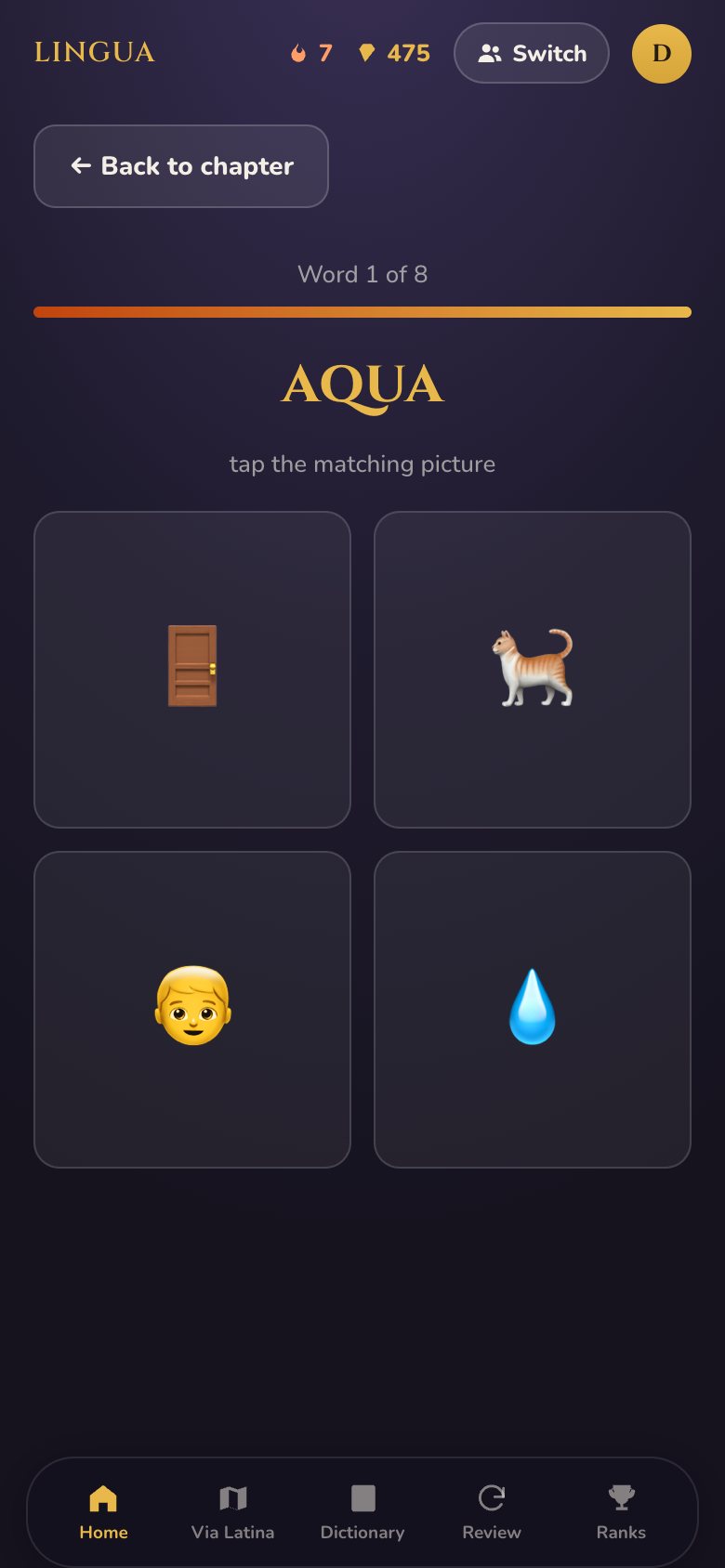 Picture Match: a Latin word with four pictures to choose from